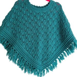 Pink Chicken Girls'‎ Teal Green Knit Fringe Poncho Size 2/3Y